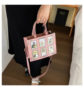 Pink cat tarot card rivet tote bag vintage pu leather shoulder crossbody bag for women