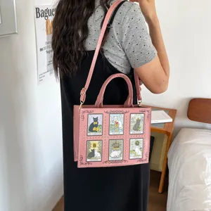 Retro pink tarot cat tote bag with studs and shoulder strap for women, stylish large capacity.