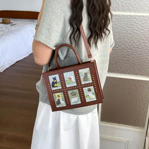 Vintage cat tarot card print leather handbag stylish rivet shoulder tote bag for women daily use.