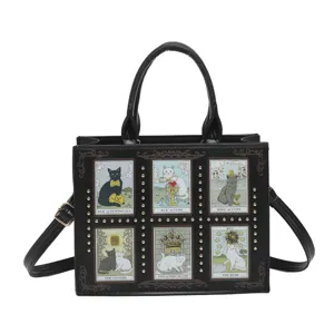 Black retro tarot cat tote bag with metal studs, large capacity shoulder handbag.