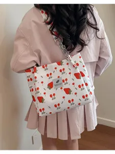 Cherry print large capacity shoulder tote bag, stylish casual daily canvas handbag for women.