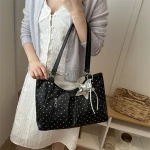 Korean style casual polka dot tote bag for women daily shoulder bag with star pendant black