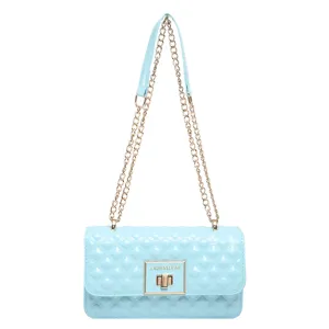 Light blue quilted chain shoulder bag for women, fashion crossbody bag with metal lock and strap.