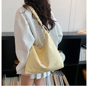Yellow starry print canvas tote bag, casual large capacity shoulder bag for women.