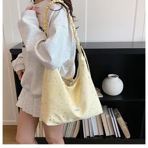 Light yellow star print tote bag, soft ruffled shoulder strap, chic casual daily hobo style.