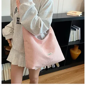 Pink star print tote bag, casual lazy style large capacity shoulder bag for daily use.