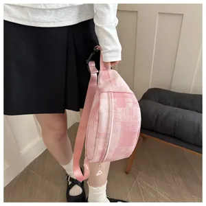Pink plaid casual crossbody chest bag, stylish adjustable strap waist bag for women.
