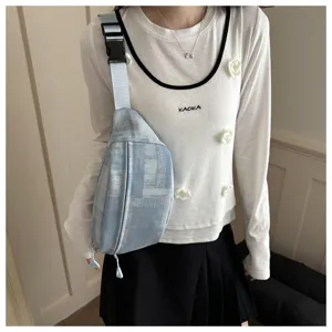 Blue plaid crossbody chest bag detail view, casual fashion lightweight waist bag style for daily wear.