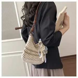 Handmade knitted straw bag for women mini hollow shoulder crossbody bag casual beach purse