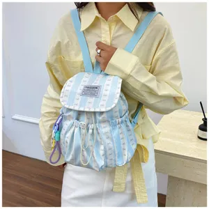 Zaino casual da donna in tela a righe con fiocco dolce stile giapponese azzurro chiaro