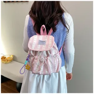 Pink bow striped casual canvas school backpack for women daily commute travel rucksack