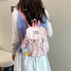 Zaino rosa a righe stile giapponese carino fiocco borsa scuola donna casual chic