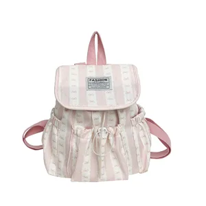 Zaino rosa a righe con fiocco stile giapponese, borsa scolastica carina grande capacità per donne.