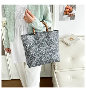 Nouveau sac cabas cachemire style chinois poignee bambou elegante grande capacite pour femme