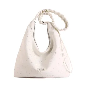 White canvas hobo shoulder bag for women, trendy star print slouchy tote with scrunchie strap