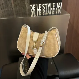 Womens Straw Woven Shoulder Bag Casual Travel Underarm Bag Stylish Crescent Pouch Bag Daily Commute Handbag