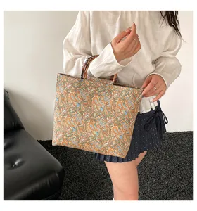 Sac cabas vintage imprimé cachemire pour femme, sac à main chic poignée bambou, fourre-tout.
