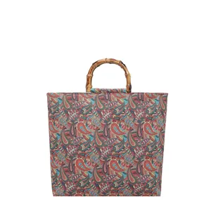 Sac cabas chic à imprimé cachemire de style chinois avec poignée en bambou, fourre-tout.
