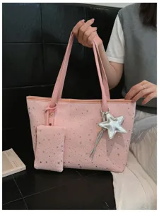 Rosa Stern Print Tote Bag Große Kapazität Handtasche mit Stern Anhänger und Tasche für Damen