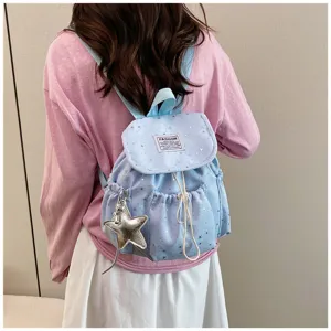 Detailansicht des süßen hellblauen Mini-Rucksacks mit Sternenmuster und Silberstern-Anhänger.
