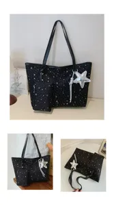 Schwarze Sternenprint Shopper Tasche mit Kosmetiktasche und Sternanhänger für Damen Handtasche.