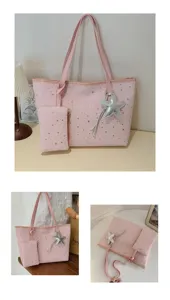 Rosa Sternprint Tote Tasche mit Etui und Sternanhänger, große Kapazität Umhängetasche.