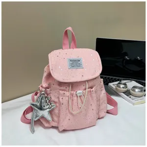 Rosa kleiner Rucksack für Damen süßes Sternenmuster lässiger Tagesrucksack mit Sternanhänger