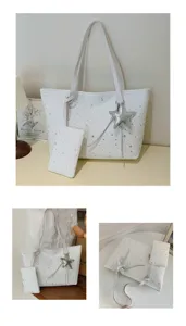Weiße Handtasche mit Sternen Muster, große Schultertasche mit kleinen Kosmetiktasche.