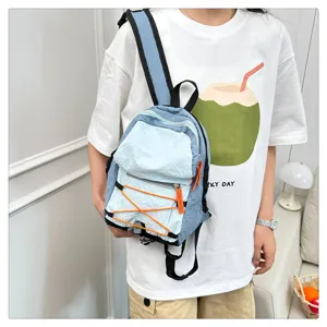 Mini canvas backpack for women school travel daypack with cute orange bungee cords fashion style