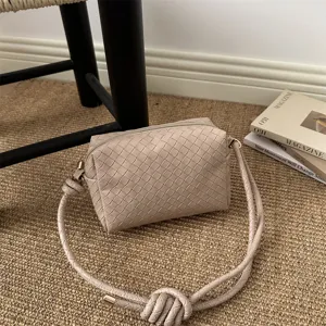Womens Woven Leather Crossbody Bag Minimalist Stylish Shoulder Bag Casual Small Square Handbag With Knot Strap