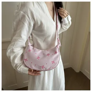 Carina borsa a spalla a mezzaluna con stampa fiocco rosa, borsa tracolla casual.