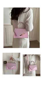 Pink glitter evening handbag detail showing elegant flap design and versatile shoulder strap options.