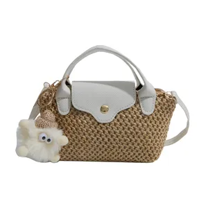 Zomer geweven stro handtas met witte lederen flap handtas schoudertas voor dames.