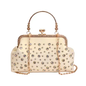 Élégante Pochette de Soirée avec Strass Beige et Fermoir Métal Doré avec Chaîne SKU