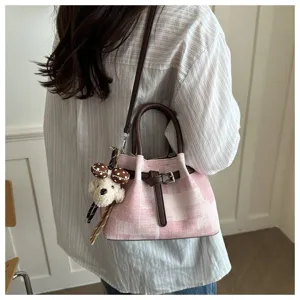 Women fashion pink plaid shoulder crossbody handbag cute bucket bag with plush puppy pendant