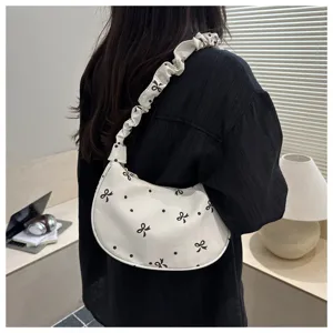 Borsa a tracolla casual da donna con stampa fiocco carina e cinturino arricciato alla moda.
