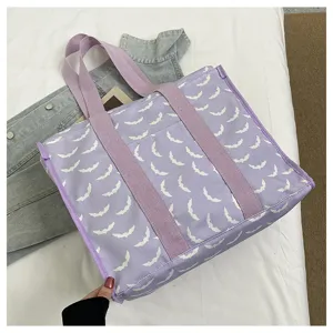 Bolso tote de lona morada con motivo de murciélagos blancos, gran capacidad para viajes y deporte.