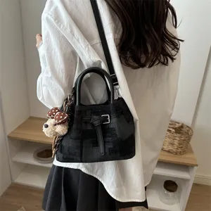 Trendy women fashion black bucket bag casual shoulder crossbody bag with cute dog charm