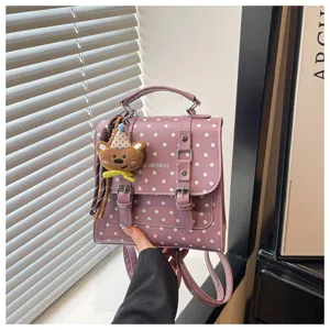 Zaino a pois viola stile coreano, simpatico ciondolo orsetto, borsa a tracolla trendy per college.
