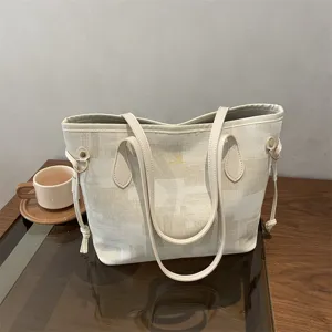 Damen Casual Canvas Leder Handtasche Kariertes Farbblock Große Kapazität Schulter Eimertasche Mode Pendler Tragetasche