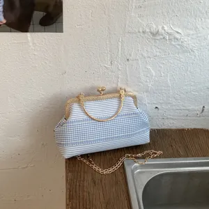 Sac à Main en Tissu Carreaux Rayures Style Rétro Français pour Femmes Poignée Sculptée Fermoir Kiss Lock Bandoulière Chaîne