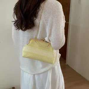 Yellow striped kiss lock shoulder bag chic chain handbag retro crossbody purse for women