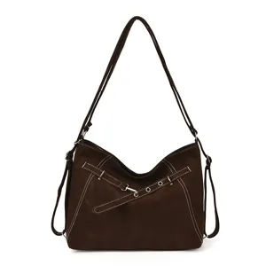 Damen Retro braune Wildleder Umhängetasche große Kapazität lässige Schultertasche mit Ziernähten.