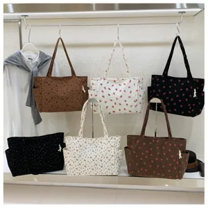 Corduroy Shopper Tasche Damen Große Kapazität Umhängetasche Süße Erdbeer Druck Handtasche