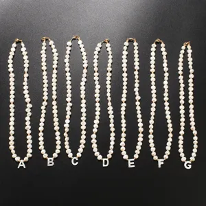 Freshwater pearl necklace with shell letter pendant initial choker jewelry gift for women.