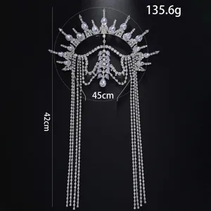 Exquisite rhinestone tassel crown headpiece, sunburst halo goddess hair accessory for festival party.