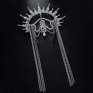 Glimmering Crystal Sun Halo Crown Tassels Headpiece Festival Goddess Hair Accessory