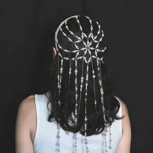 Baroque Artificial Pearl Tassel Headband Mesh Drop Chain Rhinestone Wedding Hair Accessories Bridal Banquet Headwear For Women Jewelry