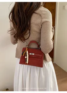 Women red shoulder crossbody handbag top handle small square bag chic retro style detailed view