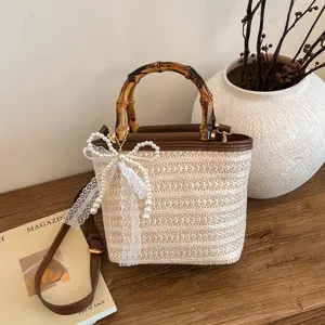 Dames Stro Emgertas Bamboe Handvat Geweven Handtas Kanten Strik Kunstparel Zomer Strand Crossbody Tas Casual Vakantie Tote Bag
